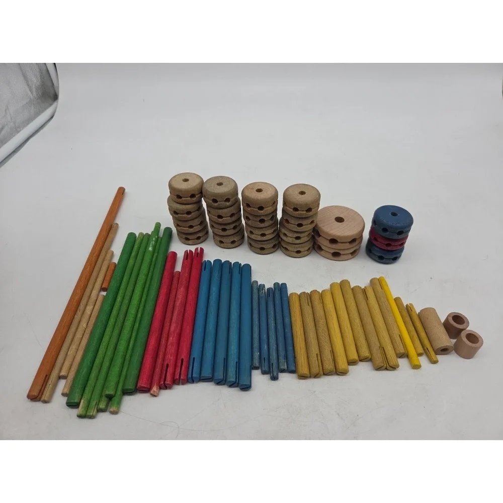 VTG Lot of 57 Piece Set Wooden Tinker Toys Rods Sticks Connections & Spools